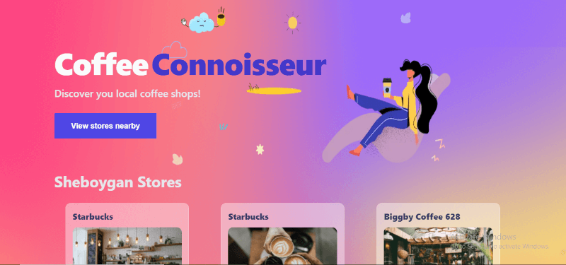 a screenshot of app with a cartoon of a girl drinking coffee. Local coffee shop photos displayed below