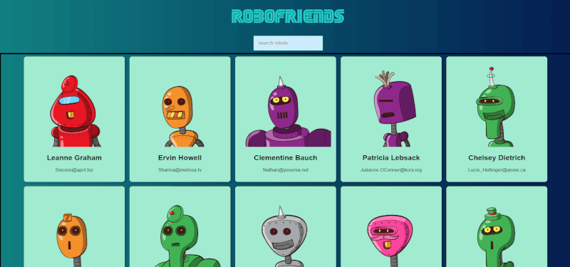 cartoon robots side by side with names and emails below thier pictures