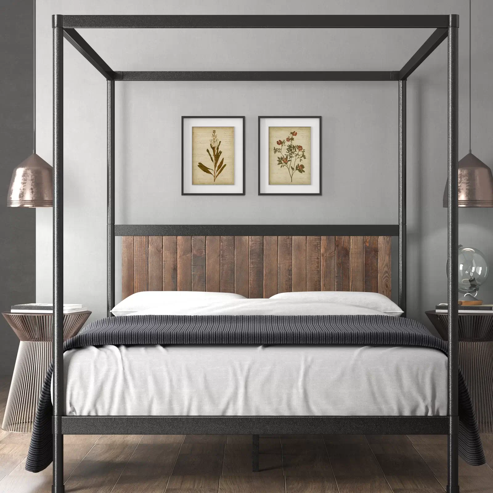Queen size bed with canopy frame and wooden headboard.